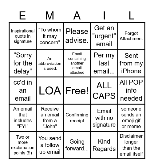 EMAIL BINGO Card