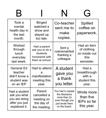 Special Ed Teacher Bingo Card