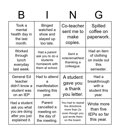 Special Ed Teacher Bingo Card