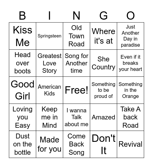 Country Songs Bingo Card