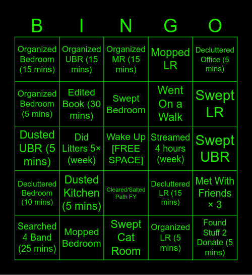 Nick's Weekly Bingo Card