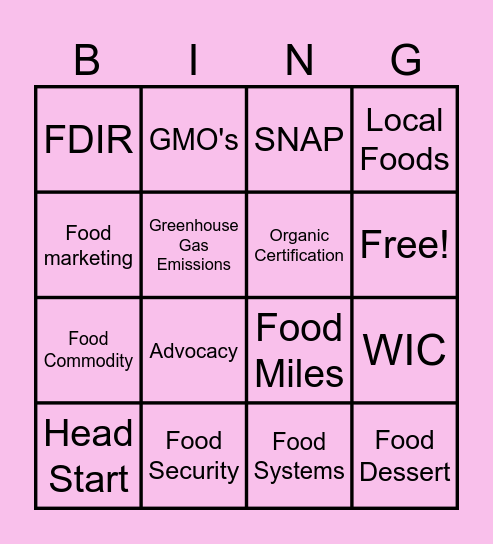 FOODS 3.01 VOCAB Bingo Card