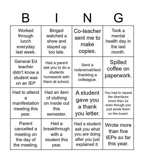 Special Ed Teacher Bingo Card