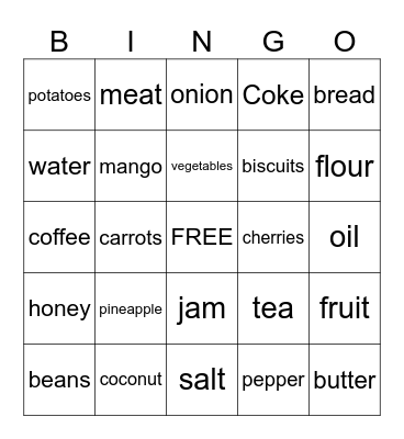 4th Grade Food Words Bingo Card