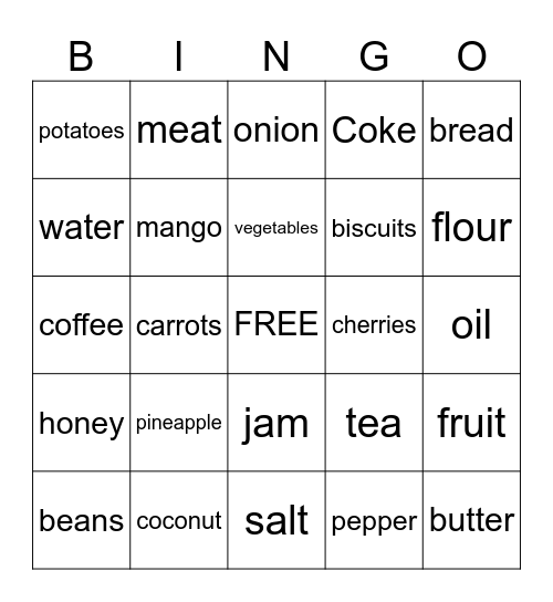 4th Grade Food Words Bingo Card