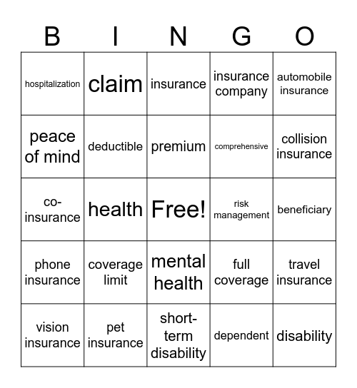 INSURANCE Bingo Card