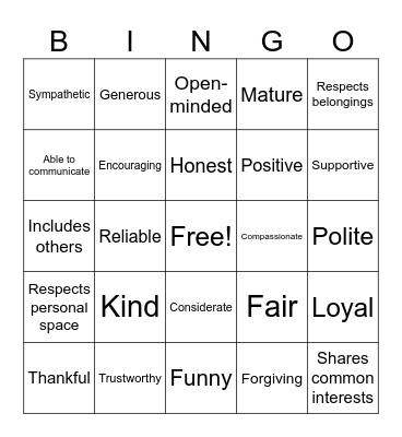 Positive Friendships Bingo Card