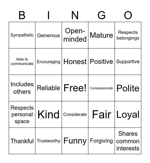Positive Friendships Bingo Card