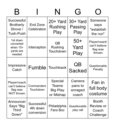 Thursday Night Football Bingo Card
