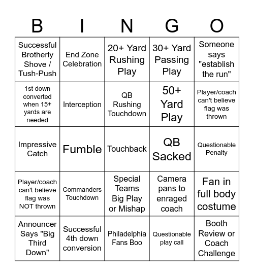 Thursday Night Football Bingo Card