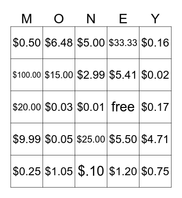 Money Money Money Bingo Card