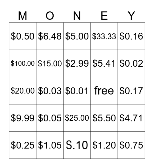 Money Money Money Bingo Card