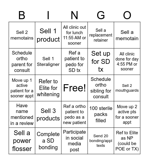 Ortho Clinic Bingo Card
