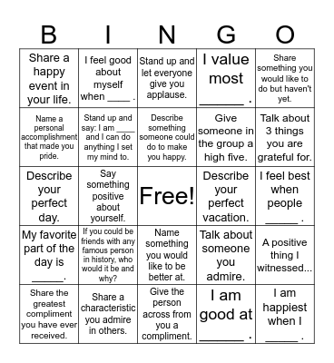 Self Esteem Bingo Card