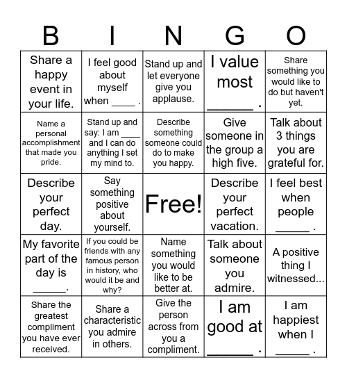 Self Esteem Bingo Card