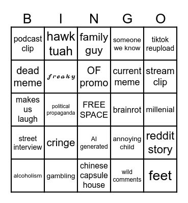 Instagram Reels Bingo Card