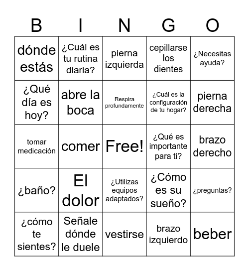 OT Spanish Bingo Card