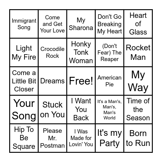 Throwback Music Bingo Card