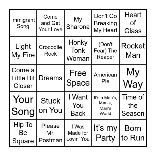 Throwback Music Bingo Card