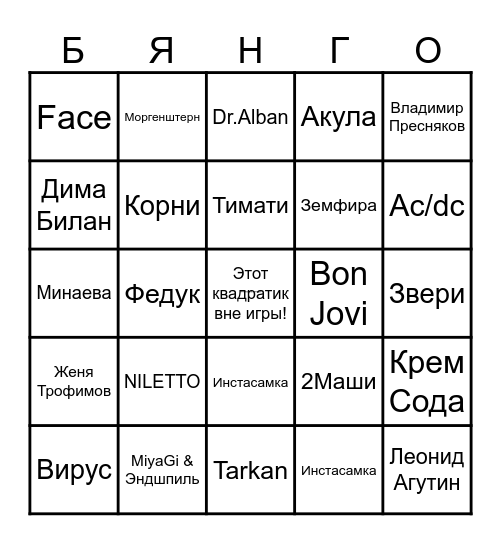 МУЗЫКАЛЬНОЕ БИНГО. Угадайте исполнителя и вычеркните его в карточке, сочините 1 линию, 2 линии, всю карточку и кричи "БИНГО" Bingo Card