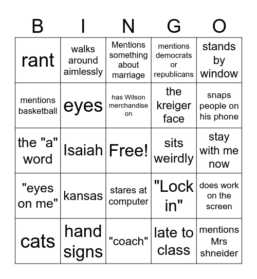 The Kreig Bingo Card