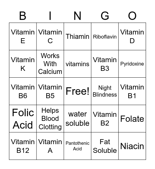 Vitamins Bingo Card