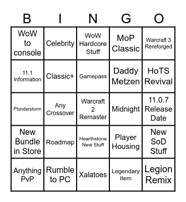 Warcraft 30th Anniversary Bingo Card