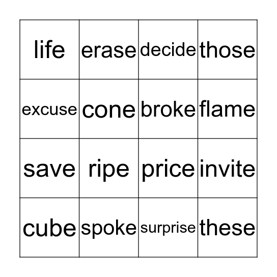 LONG VOWEL WORDS Bingo Card