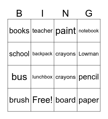 School Words Bingo Card