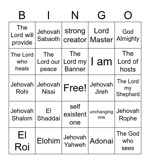 GOD'S NAMES Bingo Card