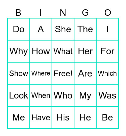 Sight Word Bingo Card