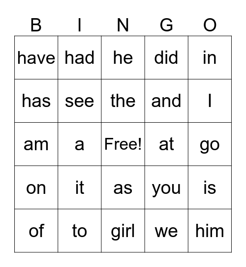 Sight Word Bingo Card