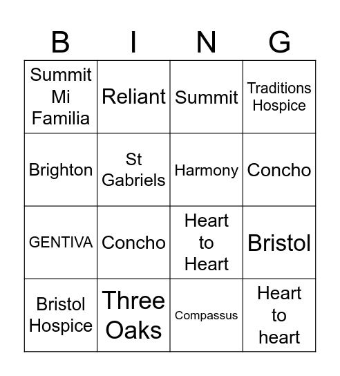 Hospice Bingo Card