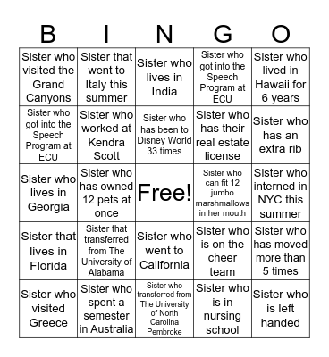 ZTA SISTER BINGO  Bingo Card