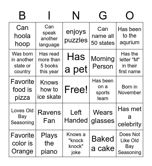 About Me Bingo Card