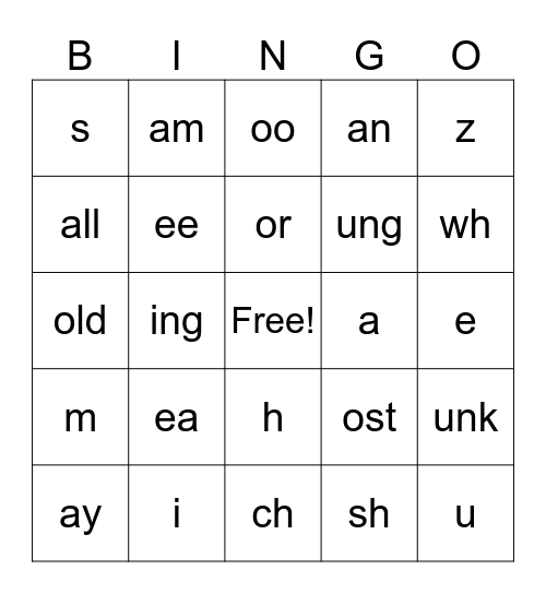 Sounds and Suffixes Bingo Card
