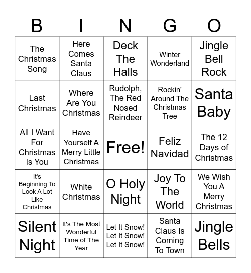 Christmas Song Bingo Card