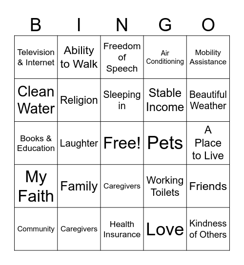 Gratitude Bingo Card