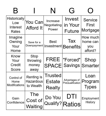 Mortgage Bingo Card