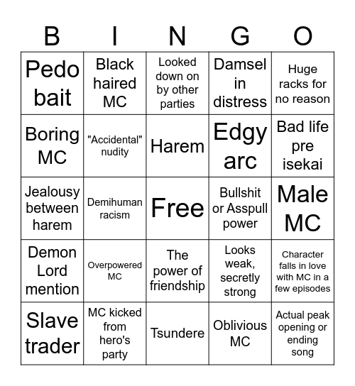 isekai Bingo Card