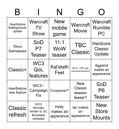 Warcraft Direct Bingo Card