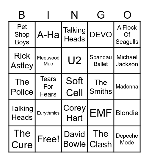 80s Musical Acts Bingo Card