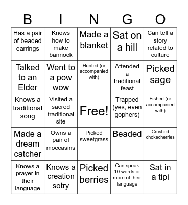 Indigenized Bingo (Youth or Adult) Bingo Card