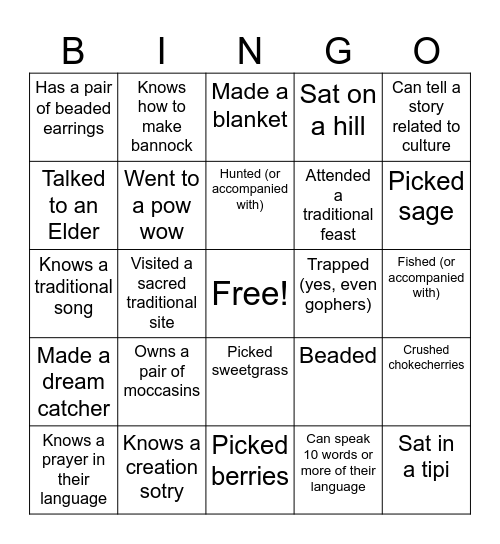 Indigenized Bingo (Youth or Adult) Bingo Card