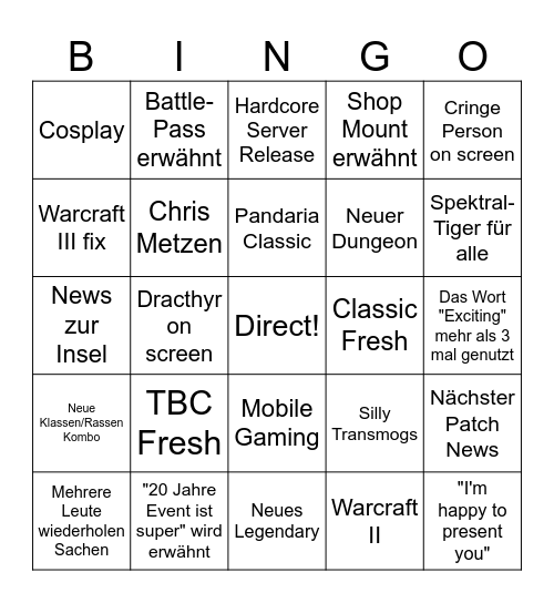 Warcraft Direct Bingo Card