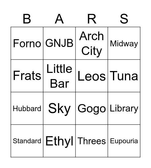 Bar Bingo Card