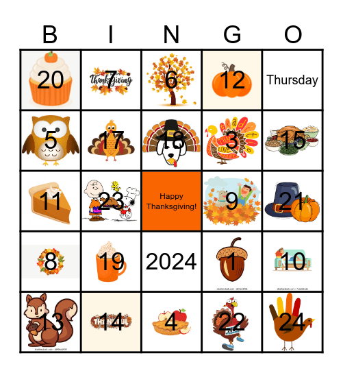 Thanksgiving Numbers Bingo Card