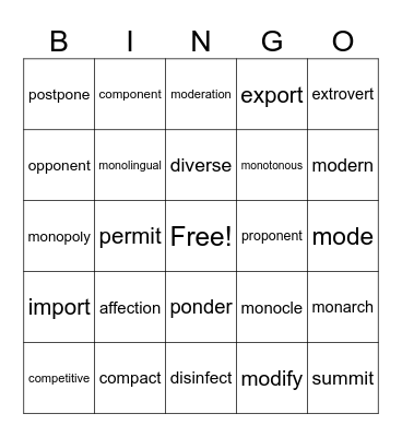 4th grade Morphology Bingo Card