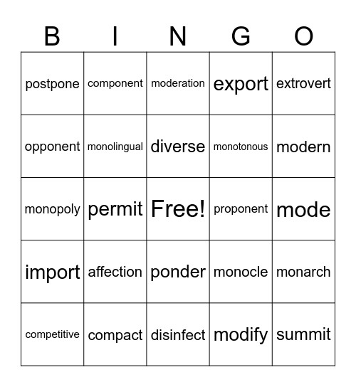 4th grade Morphology Bingo Card