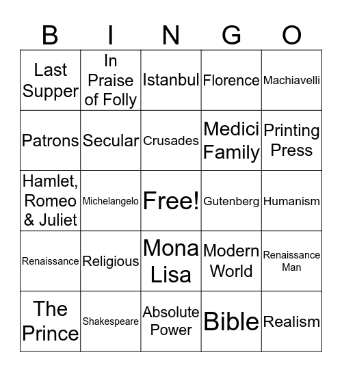 The Renaissance Bingo Card